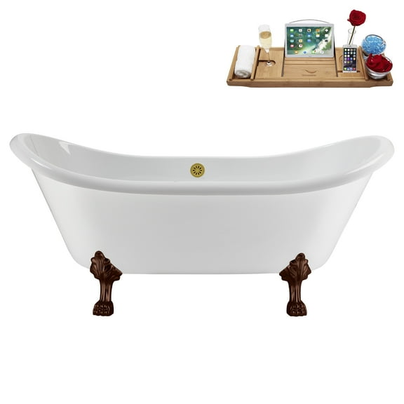 71" Streamline N5100ORB-BGL Soaking Clawfoot Tub and Tray With External Drain in Brushed Gold and Matte Oil Rubbed Bronze Clawfeet