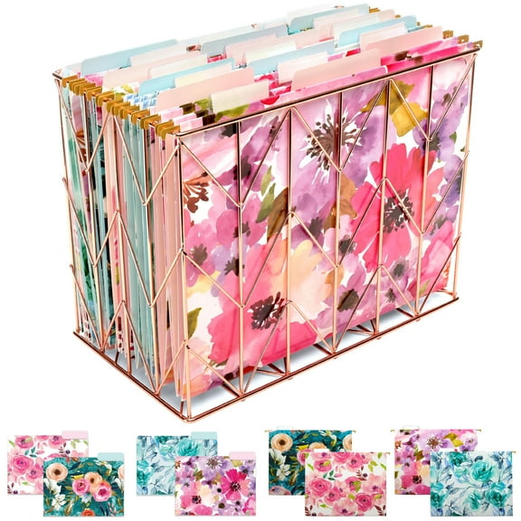 Global Printed Products Deluxe Designer Hanging File Folder Kit, Includes Metal Hanging Basket, 12 Hanging Folders, 24 File Folders, 1/3 Cut Tab, Letter Size (Floral)