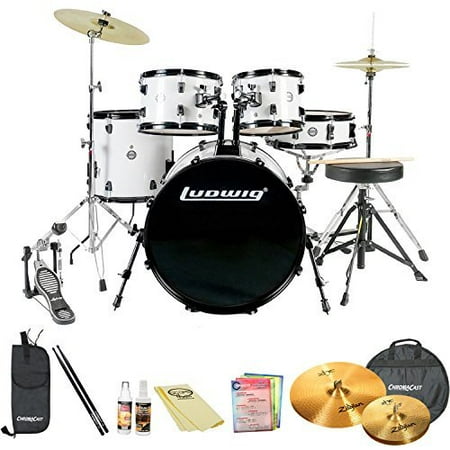 Ludwig 5 Piece Drum Set - Ludwig Accent Fuse 5-Pc Drum Set (LC1708) White Finish - Includes: Hardware, Throne, Pedal, Cymbals, Sticks & Drum Key