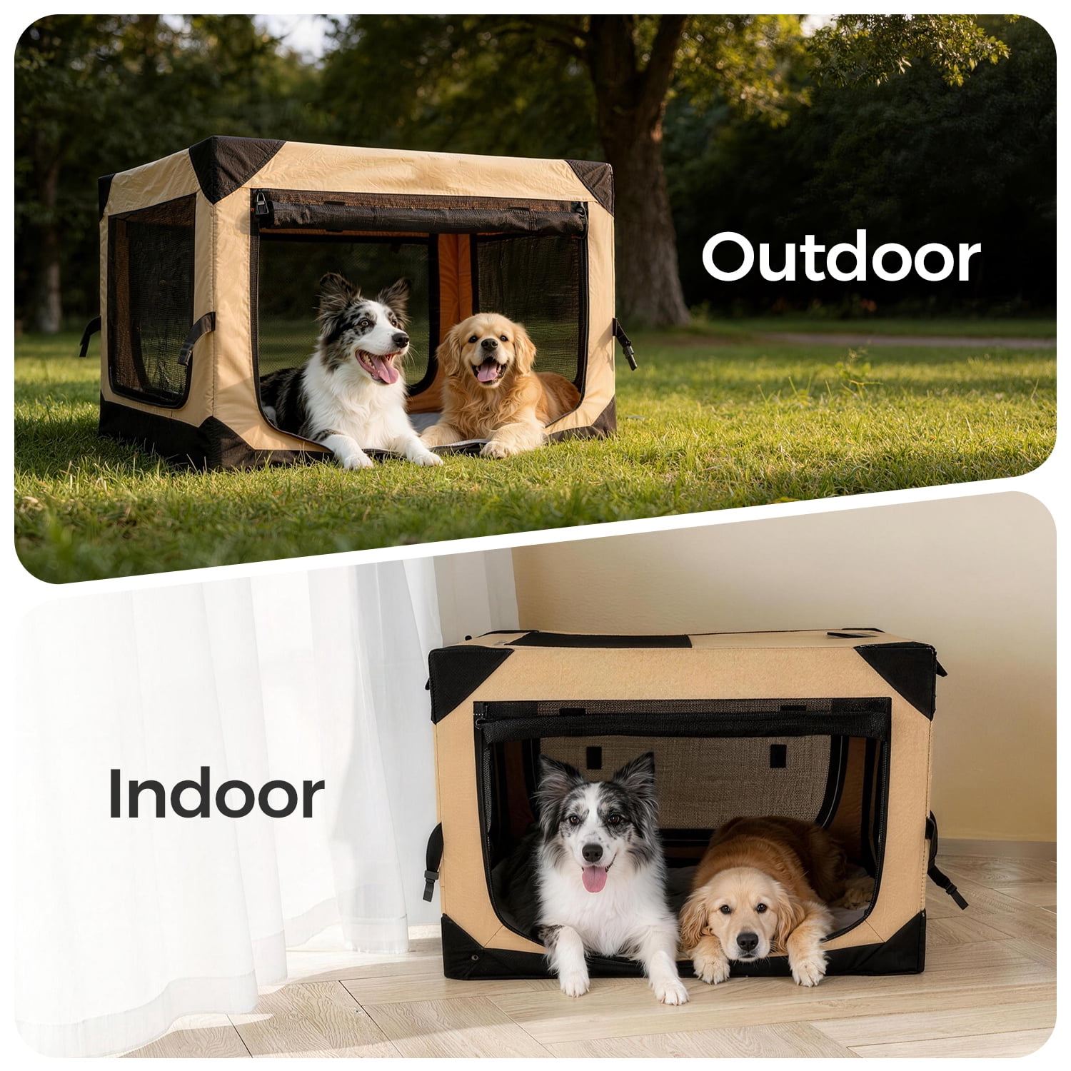 Petsee Collapsible Dog Crate - Portable Travel Kennel for Extra Large Dog, 4-Door Pet Crate with Mesh Windows, Indoor & Outdoor, Beige & Gray