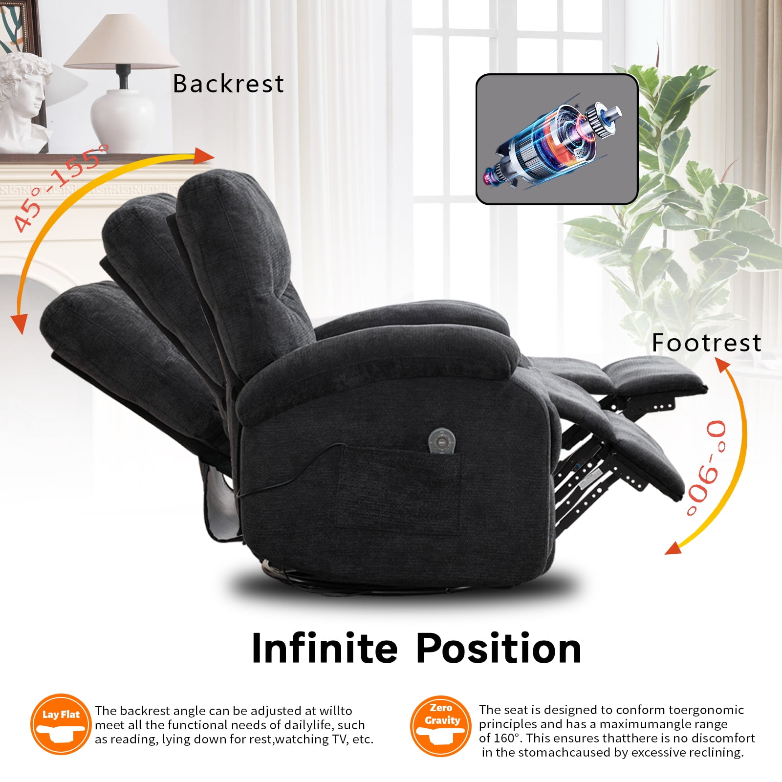 Leumius 360° Swivel Recliner Chair, Single Recliner with Adjustable Detachable Neck Pillow Ergonomic and Cup Holders, 300lbs Capacity Versatile Lounge Chair for Living Room Bedroom Home Theater