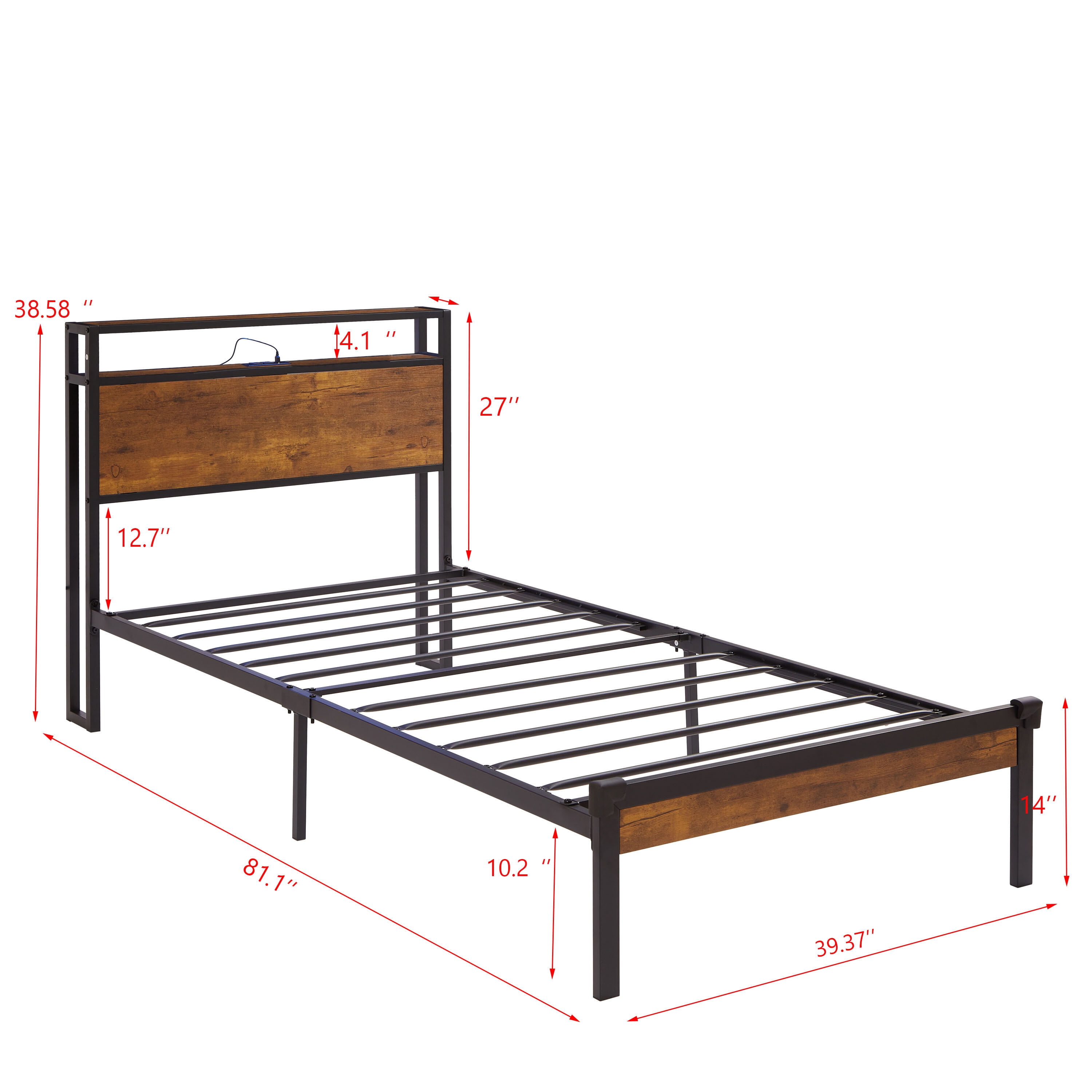 Twin Size Adjustable Bed Base, Twin Size Metal Platform Bed Frame with Wooden Headboard and Footboard with USB LINER, No Box Spring Needed, Under Bed Storage, Easy Assemble, Black+Brown Bed Frames