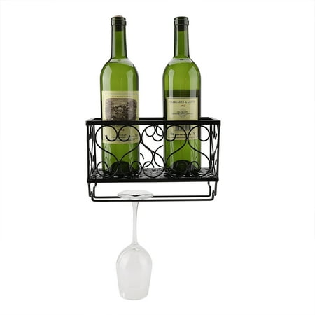 Glass Top Metal Wine Rack - Hilitand Wall Mount Metal Wine Rack Bottle Champagne Glass Holder Storage Bar Accessory with Shelf, Glass Holder, Wine Holder