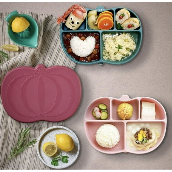 Mommy’s Table Pumpkin Suction Plate with Lid | Made in Korea | Babies and Toddler | Food Grade, BPA & Toxin-Free Silicone Plate & Silicone Lid, Reusable and Lid Seal for No Spill - Burgundy
