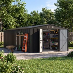 PABIMIA 12 x 18 FT Metal Outdoor Storage Shed Large Backyard Garden Shed with Lockable Double Doors and Reinforced Structure Black