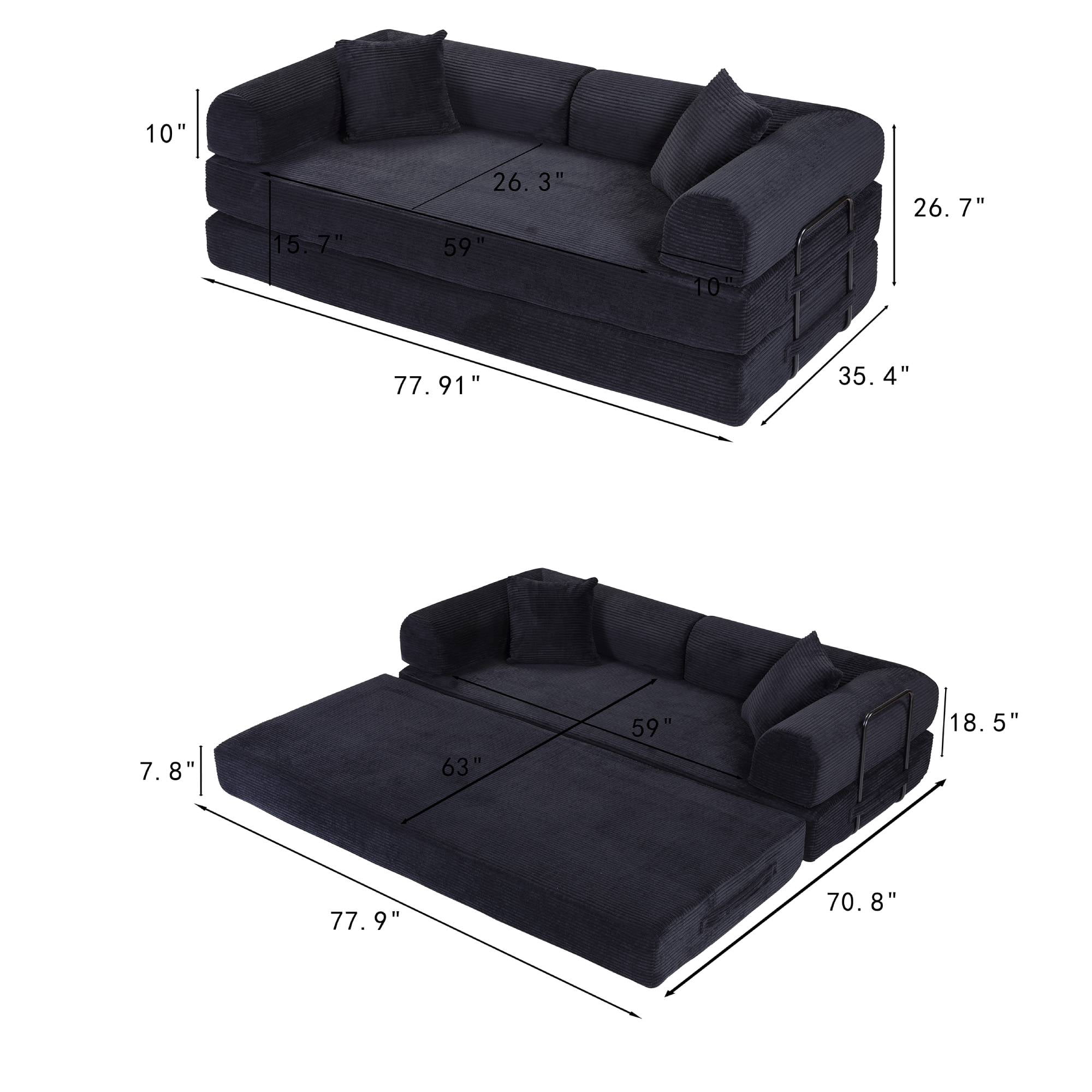 Convertible Sleeper Sofa Bed with Pillow, Corduroy Folding Mattress Floor Sofa Lounge Couch for Living Room, Bedroom, Black