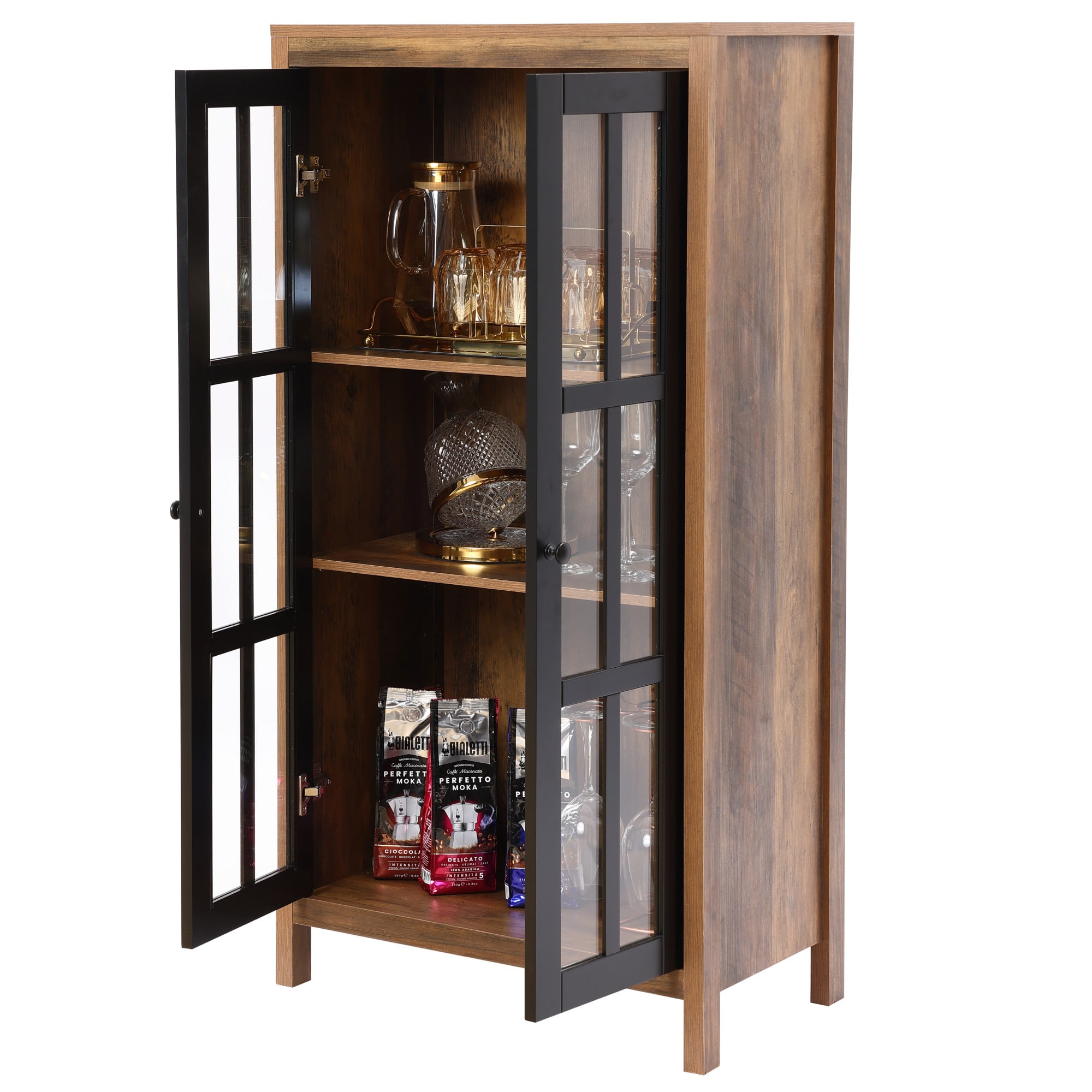 LuxenHome 47.2" Farmhouse Storage Cabinet with Glass Doors, Tall Pantry Cabinet, Glass Display Cabinet