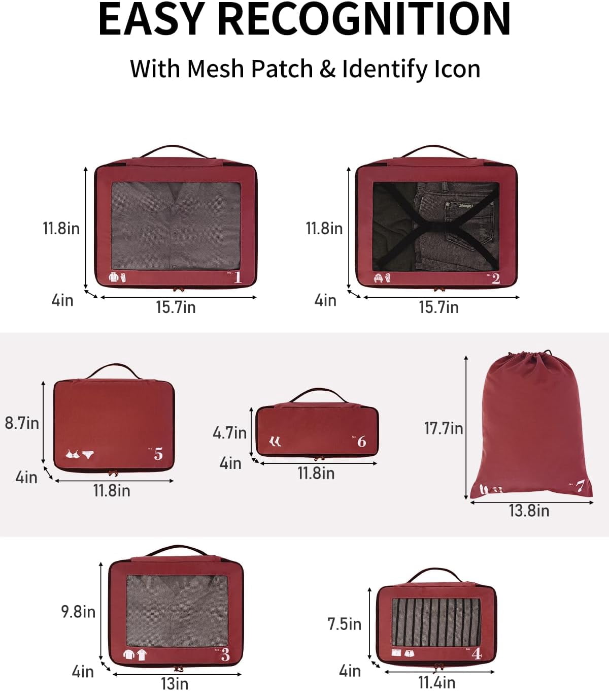 WANDF 7 Set Compression Packing Cubes Travel Accessories,Tear-Resistant Luggage Packing Organizers with Number Icon, Machine Washable Suitcase Packing Cubes for Travel,Airplane,Camping(Red Bag)