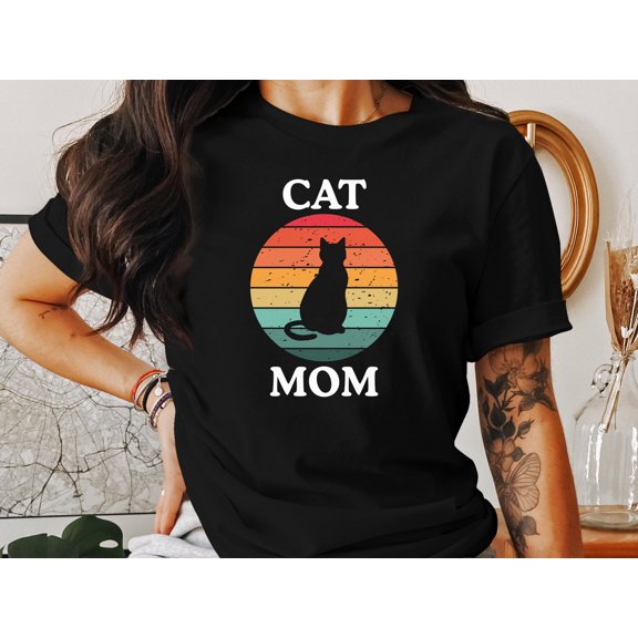 BANJOJO Cat Mom T-Shirt - Cat Shirt, Cat Lover Gift, Retro Cat Silhouette Tee, Mother’s Day Gift for Cat Moms