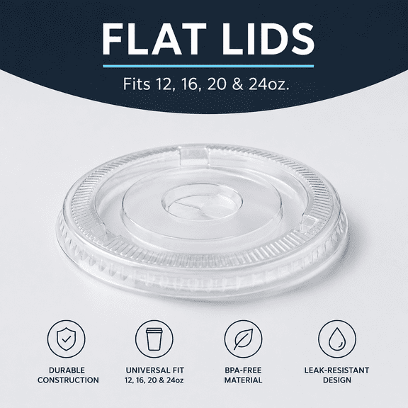 Crystal Clear PET Plastic Flat Lids with Straw Slot for 12oz, 16oz, 20oz & 24oz Cups, Disposable Cold Drink Lids, FLD-001, 100 Count