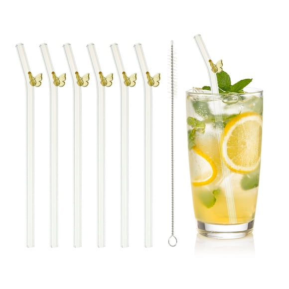 Uxcell 6 Pcs Popotes de Vidrio Reutilizables, Popote de Vidrio de Mariposa de 7.87" Resistente a Roturas, Popotes Lindos para Whisky, Café, Jugo, Refrescos, Té, Amarillo