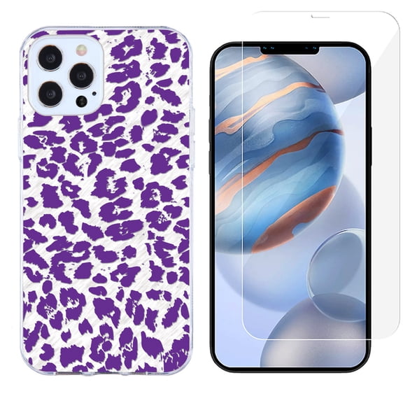 Slim-Fit Protective Phone Case compatible with iPhone 12 Pro Max, with Tempered Glass Screen Protector, by OneToughShield ® - Cheetah Purple