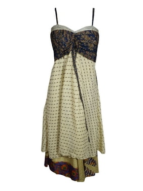 Mogul Women Beige Vintage Recycled Sari Printed Sundress Layered Spaghetti Strap Beach Summer Dresses S/M