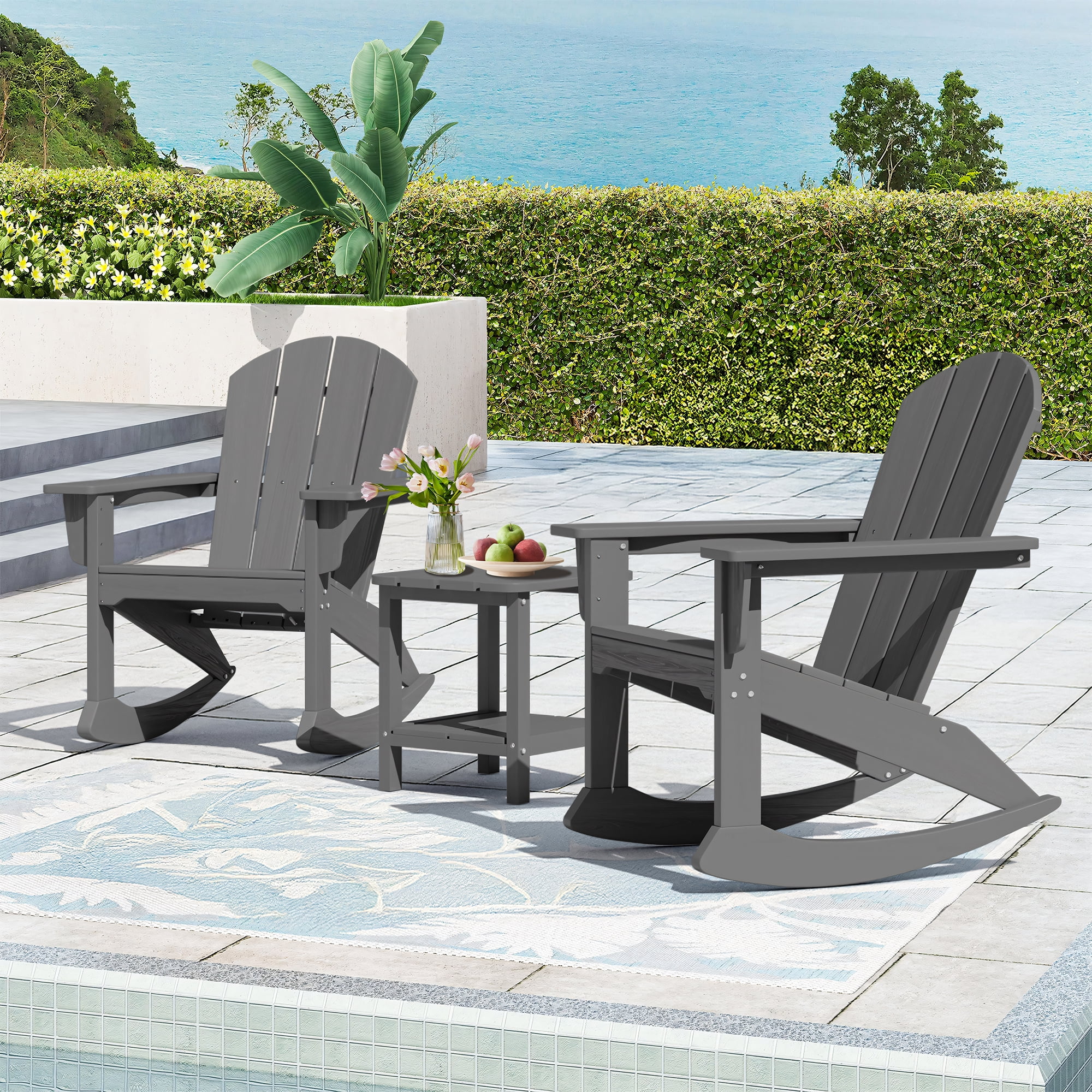 SERWALL Rocking Adirondack Chair, HDPE Outdoor Rocking Chair, All Weather Porch Rocking Chair for Patio, Gray