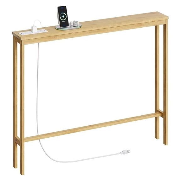Sunshen Bamboo Narrow Console Table with Charging Station, Slim Sofa Table Behind Couch, Entryway Table with Outlets for Living Room, Hallway, 5.9 x 39.4 x 31.1in, Natural