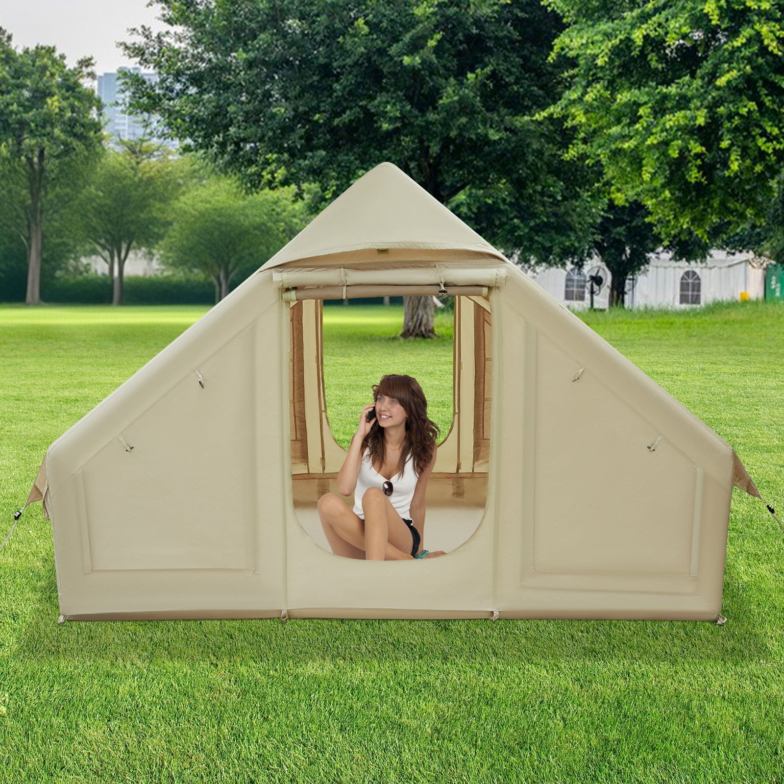 ToppiJoy Outdoor Portable Inflatable Camping Tent for 3-4 Persons Glamping Tents Easy Set up Waterproof Beige Canvas for Outdoor Camping