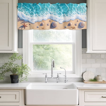 Valances for Windows Summer Watercolor Ocean Beach Kitchen Curtain Valance Short Rod Pocket Panels Marine Starfish Shell Spray Small Window Treatment for Living Room Bedroom Bathroom 42 Wx12 L
