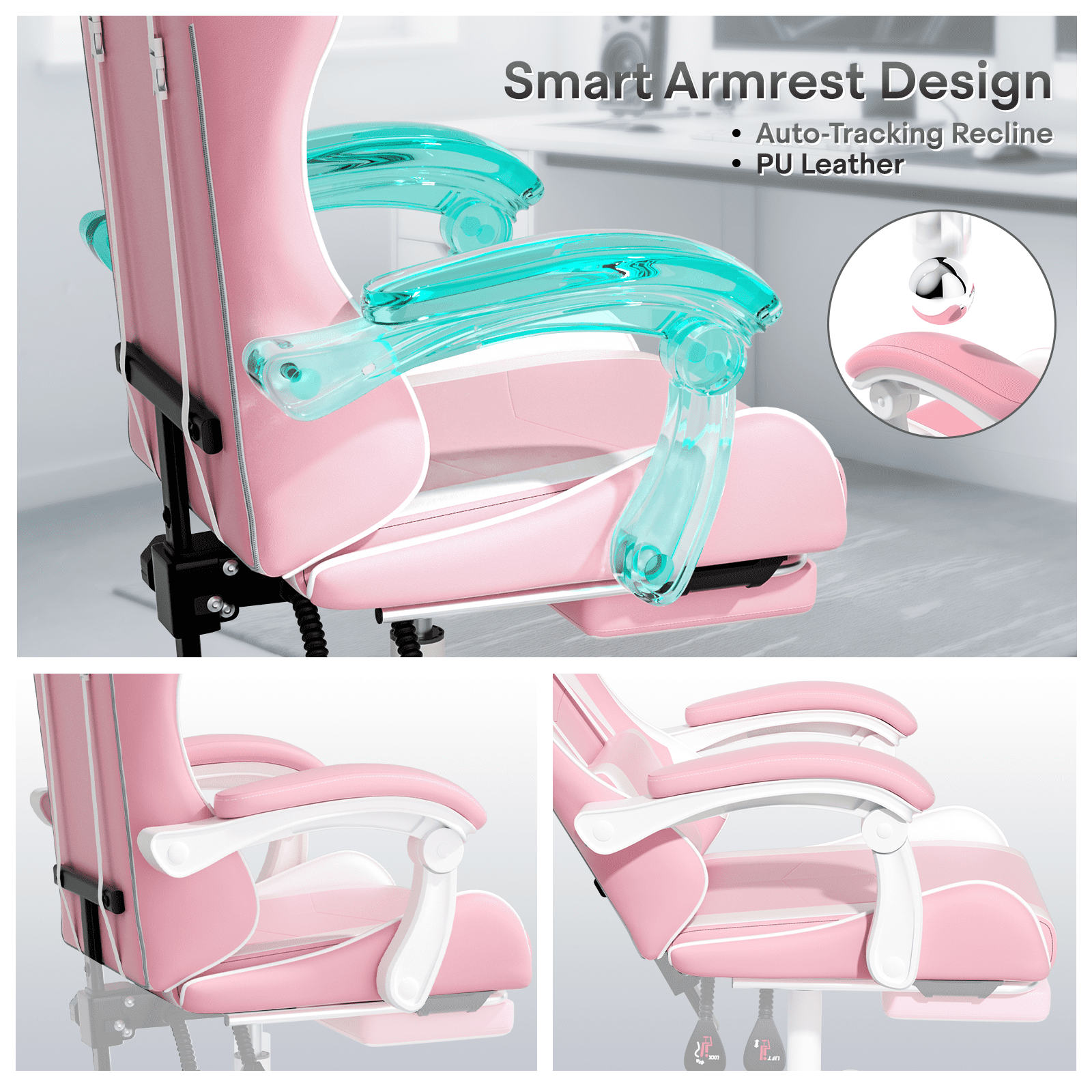 OSM Gaming Chair with Footrest & Headrest, High-Back Ergonomic Computer Desk Chair - Adjustable Lumbar Support, Reclining Office Chair for Adults, 350lbs, Pink