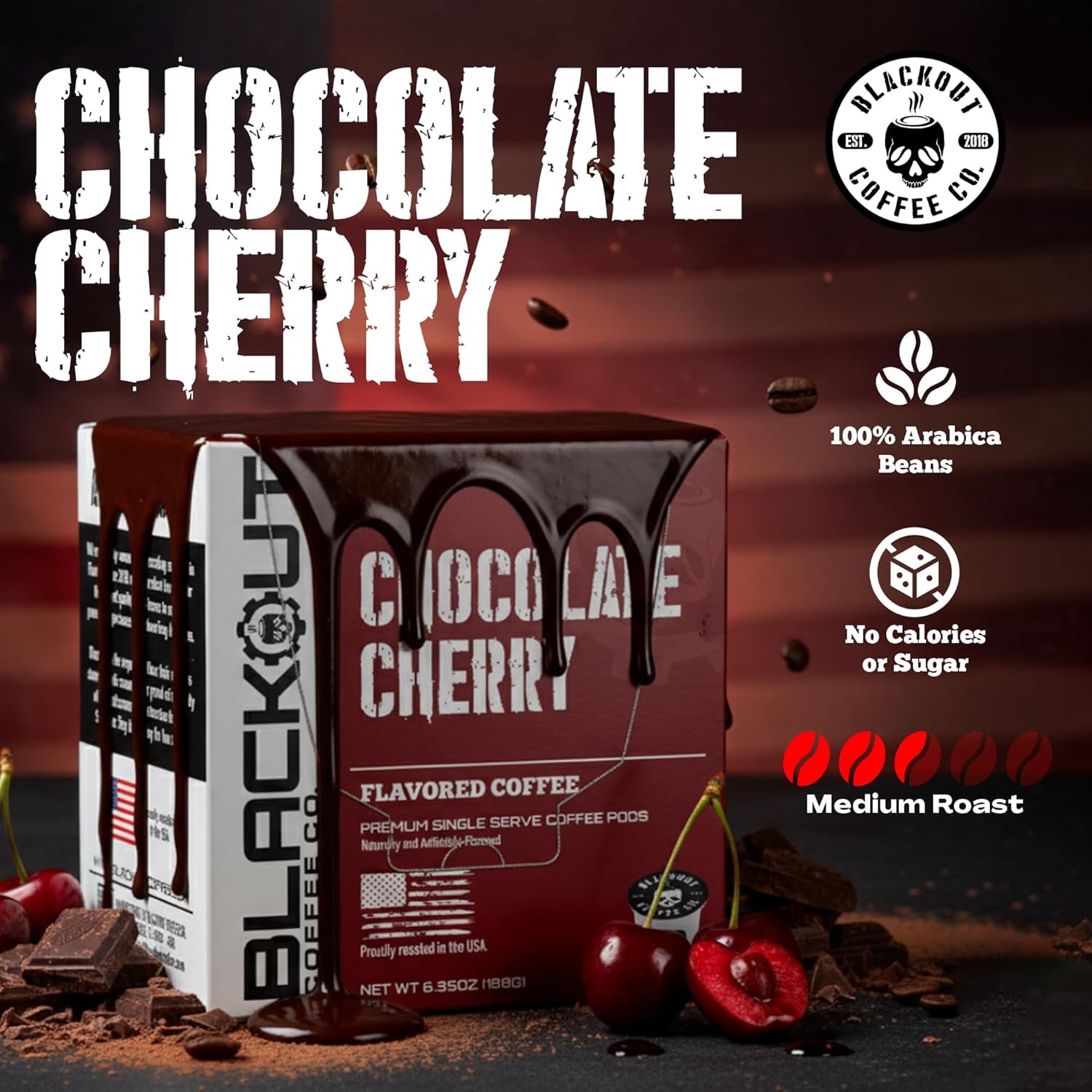 Blackout Coffee Chocolate Cherry Flavored Coffee Pods – Premium Roasted, Smooth Taste, Guilt-Free Indulgence – 18 Count Single-Serve Coffee Pods