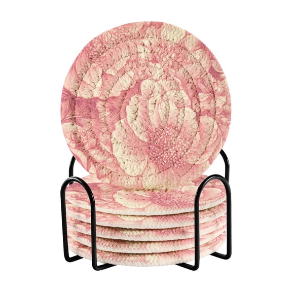Pink Peonies Elegant Drink Coasters with Holder Absorbent Coaster for Coffee Table Room Decor 6 Pack