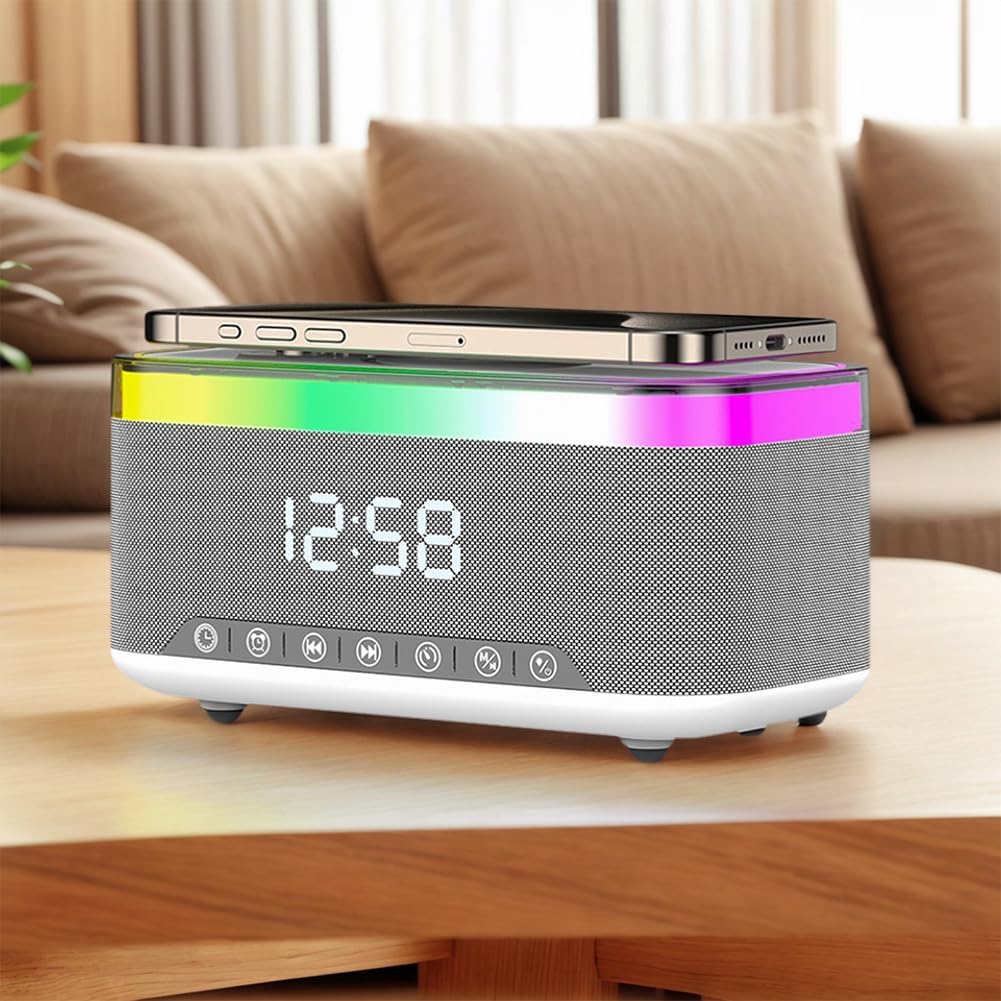 Digital Alarm Clock with Wireless Charging, Bedside with Fast Wireless Charging 15W, Timer Alarm Clock for Heavy Sleepers, RGB Night Light, Bluetooth Speaker Suitable for Indoor & Outdoor, Grey