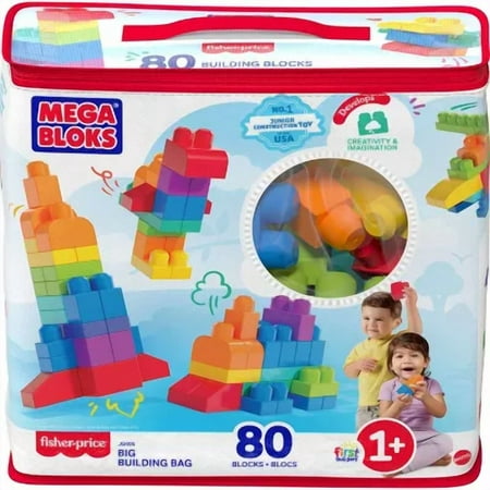 MEGA BLOKS First Builders Big Building Bag Toy Blocks with Storage Bag for Toddler - 80pc Pink