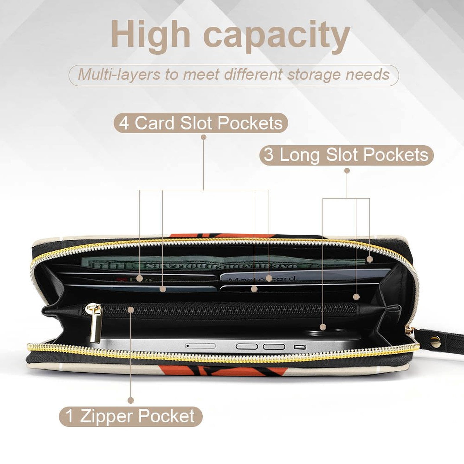 Womens Wallet Bifold Ladies Cluth Bag Wristlet Wrist Strap Long Purse Spiders Design