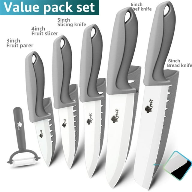 6PCS Ceramic Knives Set for Kitchen 5-Piece Sharp Paring Knives with Covers and a Peeler,Sharp 6-inch Serrated Bread Knife Fruit Cutter 3", 4", 5" Inch