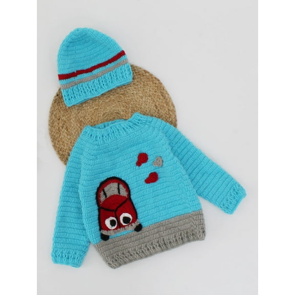 Woonie Handmade Car Design Full Sleeves Sweater With Cap-Blue