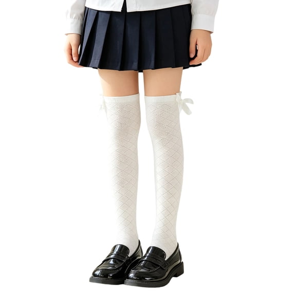 Wlynlyn Girls Knee High Socks Thigh High Stockings with Bow Tights Hollow Knit Bow Preppy Uniform Calf Socks(7-8 Years,White)