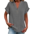 thumbnail image 2 of qucoqpe Summer Linen Tunic Tops for Women Fashion Casual Solid Color Button Up V Neck Short Sleeve Blouses Trendy Loose Office Shirts, 2 of 7