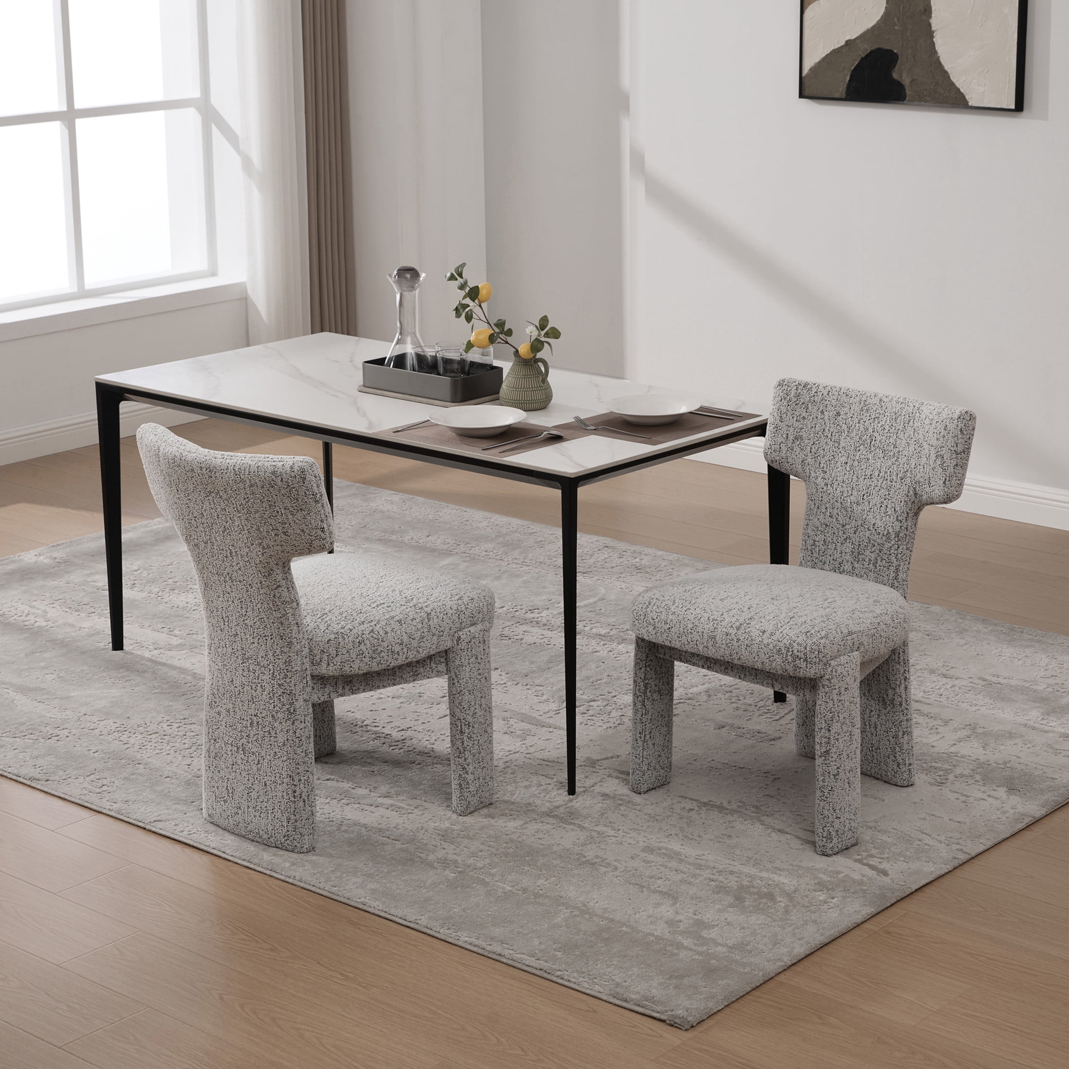 Noble House Morse 22" Chenille Dining Chair Set of 2, Armless Curved Back Accent Chairs with Rubberwood Legs, Black & White