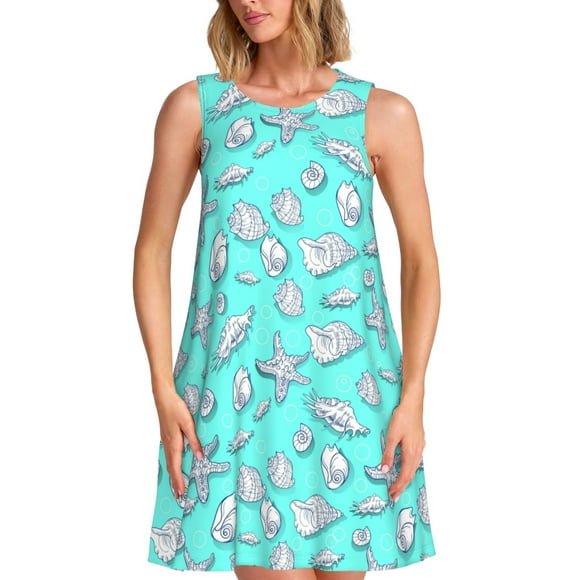 Vsdgher Seashell And Starfish Print Summer Dresses for Women Casual U Neck Beach Dress Sleeveless Tank Loose Sundress with Pocket