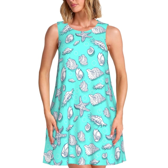 Fotbe Seashell And Starfish Vestido de Verano sin Mangas para Mujer – Vestido Midi Línea A, Estilo Camiseta Floral, Vestido Playero Casual y Fluido