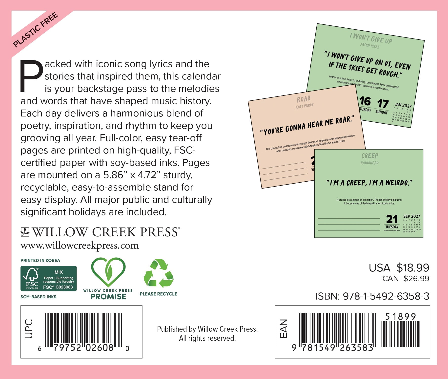 Willow Creek Press, Lyrics to Live By 2027 Box Calendar