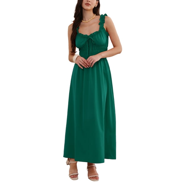 dark green boho dress Full Pleated Belted Maxi Dress in Dark Green Green S-M