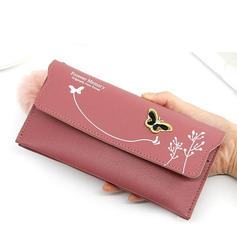 Fashion Design Simple Solid Color Card Bag Coin Purse Butterfly Korean  Style Wallets Bow Clutch Bag Plush Ball Women Wallets PINK