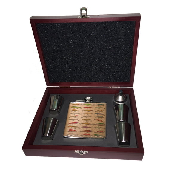 KuzmarK 6 oz. Leather Flask Set in Rose Wood Presentation Box -  Many Fishing Lures
