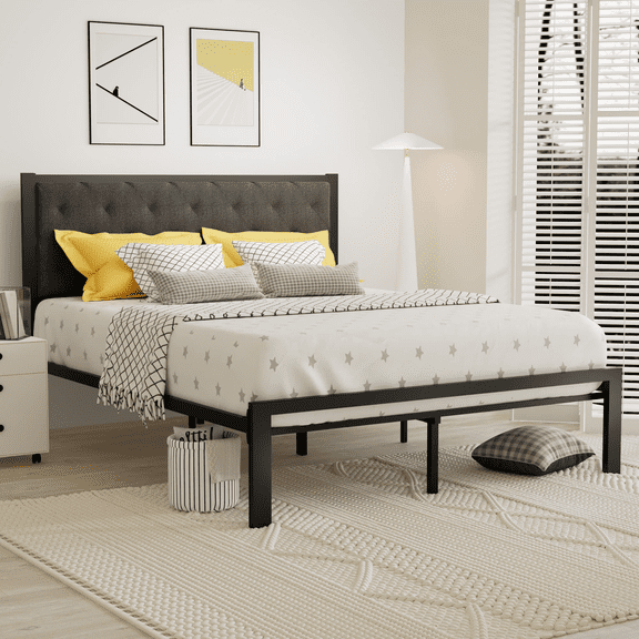 Einfach Queen Size Platform Bed with Button-Tufted Headboard, Grey