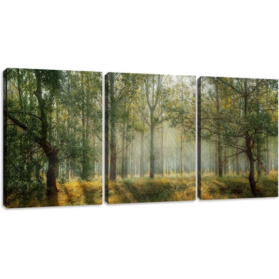 Forest Canvas Wall Art Decor 3 Panel Green Tree Picture Print Poster Decorative Painting Wall Art for Living Room Bedroom Office Home Decor Stretched Framed Ready to Hang - 36" Wx16 H