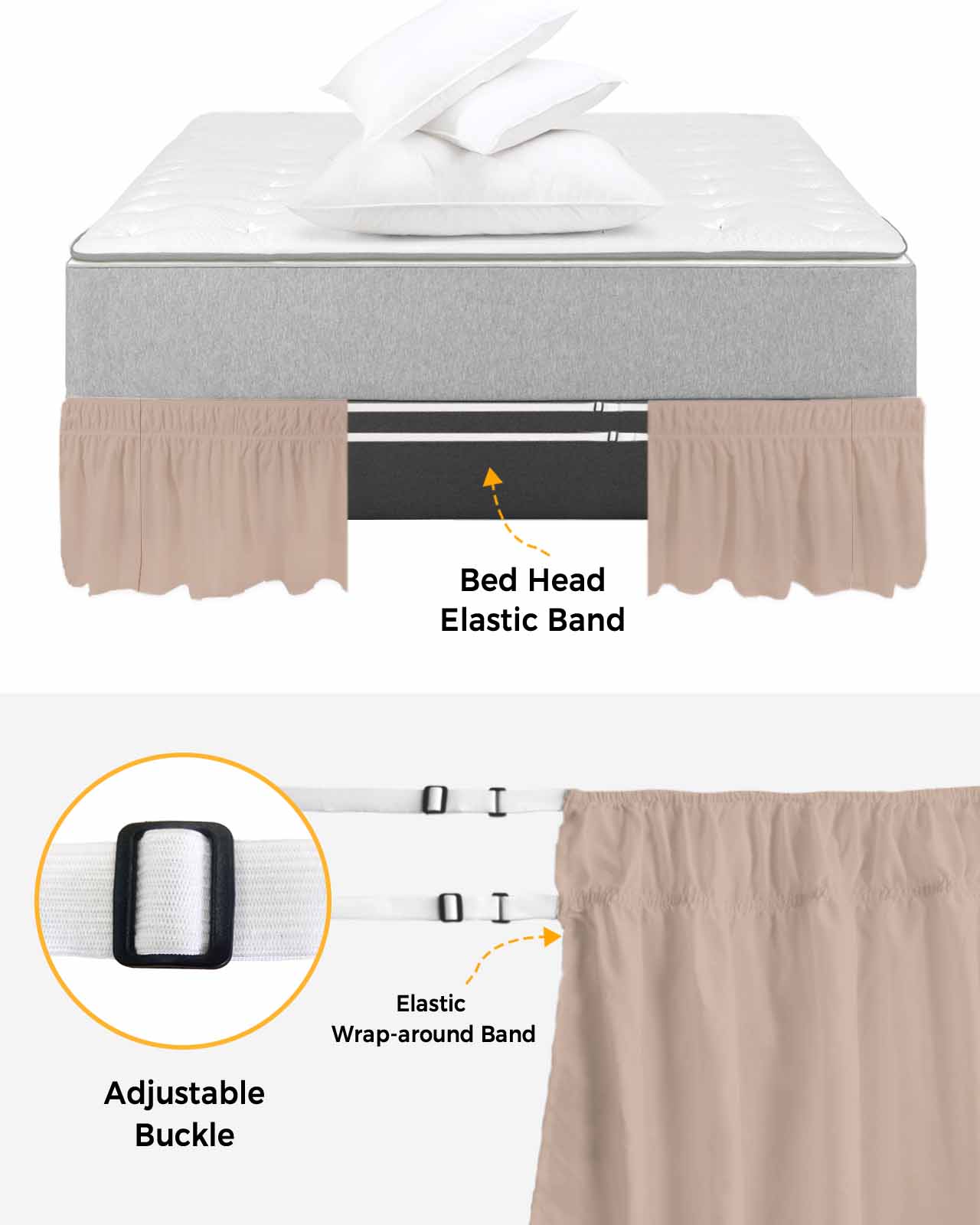 Warm Beige Wrap Around Bed Skirts for Queen Bed 18" Drop, Bed Skirt with Adjustable Elastic Belt Dust Ruffle Bed Valance for Bedroom Hotel Luxury Solid Color Farmhouse Beige Bed Frame Cover