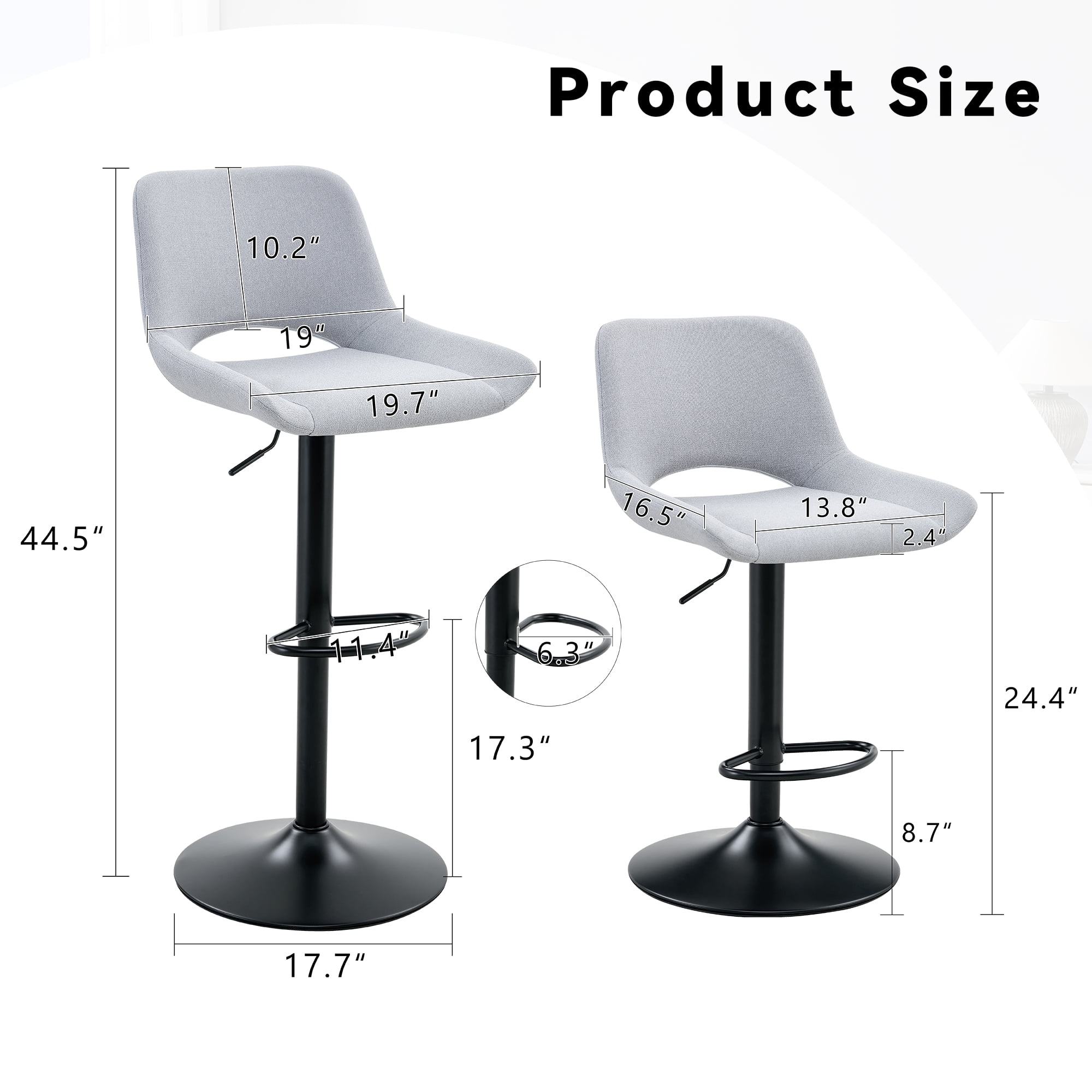 Bar Stools Set of 2, Adjustable Height Swivel Bar Stools with Linen Fabric Seat, 360 Degree Rotating Counter Height Stools for Kitchen Island and Home Bar, Black Metal Frame