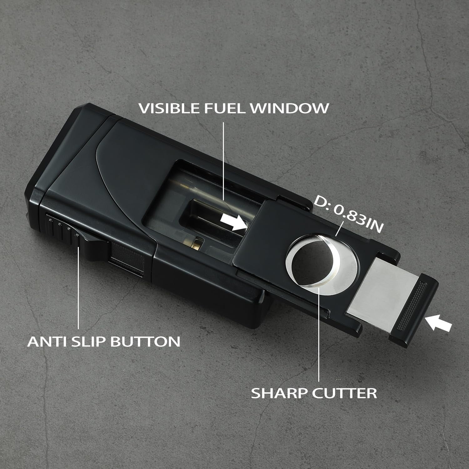 All in One Triple Jet Flame Butane Torch Lighter Built-in Cutter, Cutter V Cut, Punch, Holder Function, Draw Enhancer Tool, Refillable and Adjustable Windproof Lighter. Grey(Sold Without Gas)