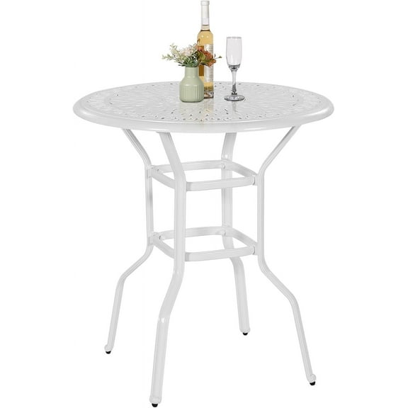 VIVIJASON 35.4" Patio Height Bar Table, All-Weather Cast Aluminum Bar Bistro Table Outdoor Patio Round Dining Table with Umbrella Hole for Balcony, Lawn, Garden, Backyard, White
