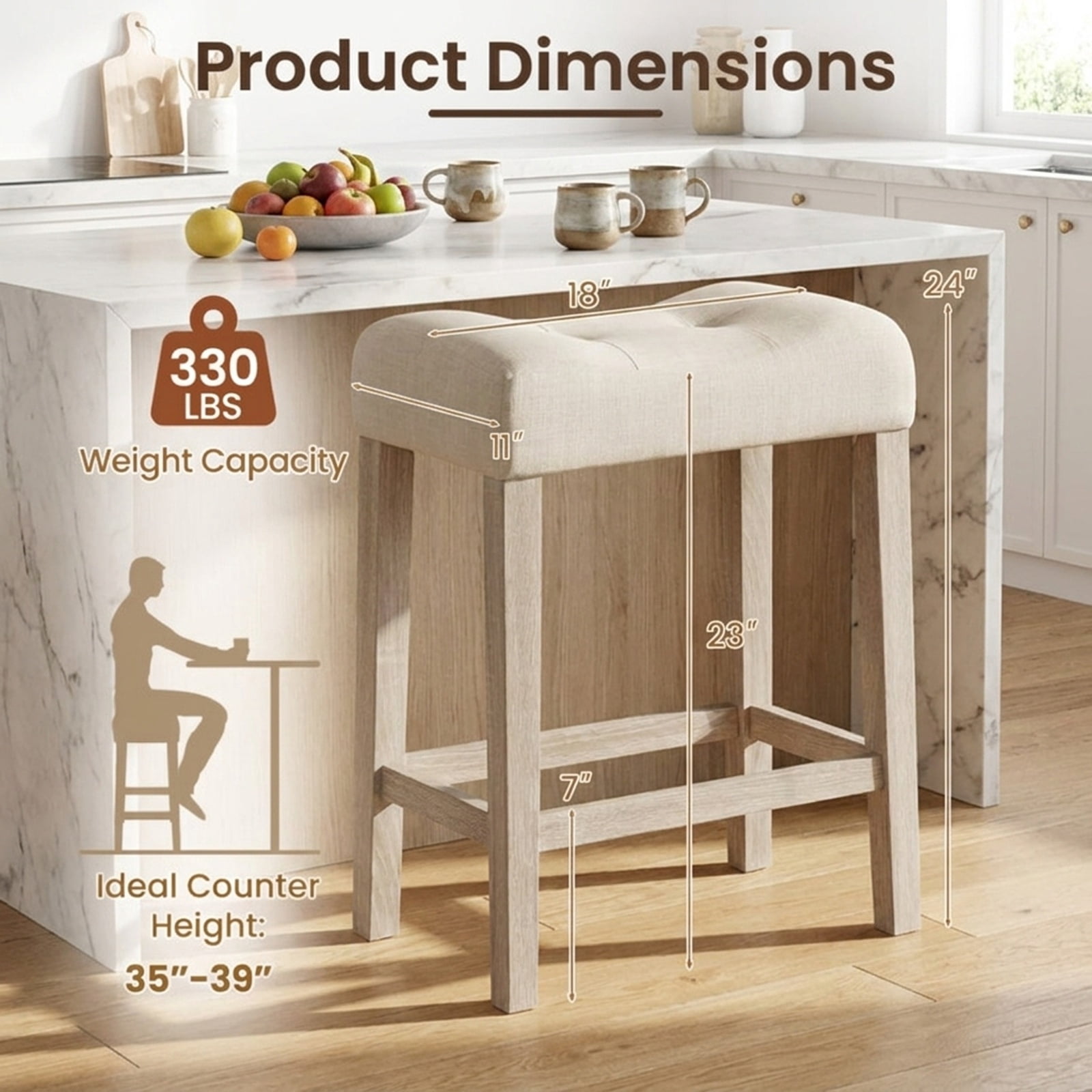 Furnibear Set of 2 Upholstered Counter Height Bar Stool with Curved Saddle Seat