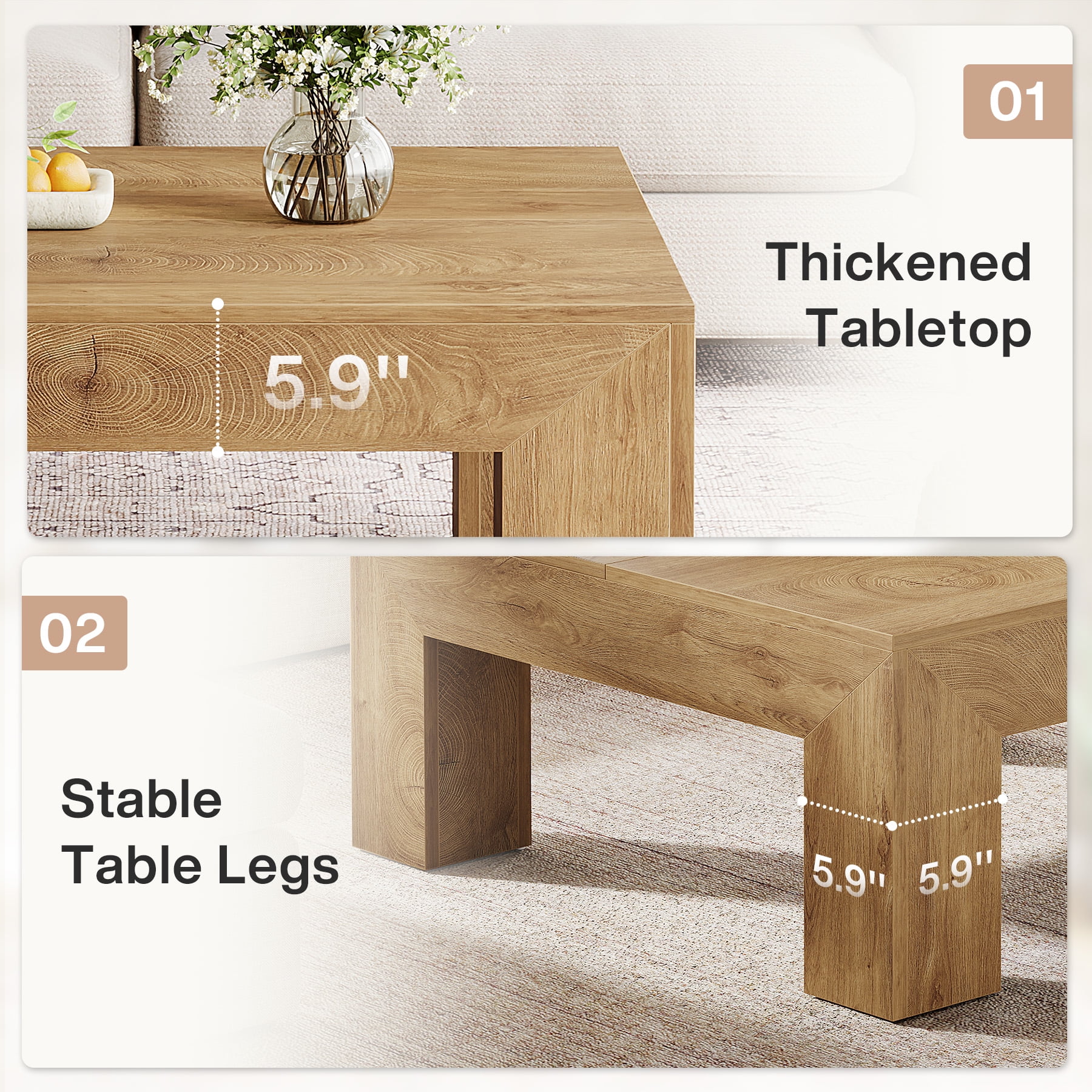 Tribesigns 39.37" Low Square Coffee Table, Farmhouse Large Tea Accent Table Center Table for Living Room(Natural)