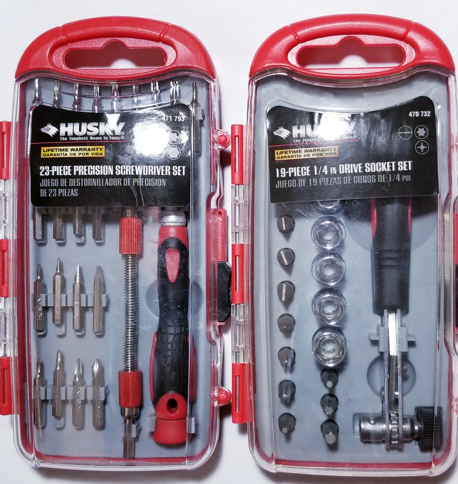 2 Sets of Husky Tools. 23 Piece of Precision Screw Driver Set 19 Piece 1 4 Inch Drive Socket Set. Life Time Warranty