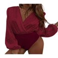 thumbnail image 1 of Combinaison Plissée Aguichant à Col en V Profond pour Femmes, Imprimé Léopard Patchwork Manches Longues, Rouge G, 1 of 5