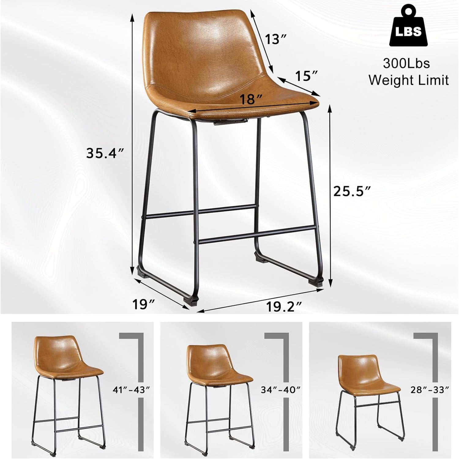 Waleaf 26 inch Bar Stools Set of 4,Counter Height Bar Stools with Back, Modern PU Leather Stools with Metal Leg and Footrest
