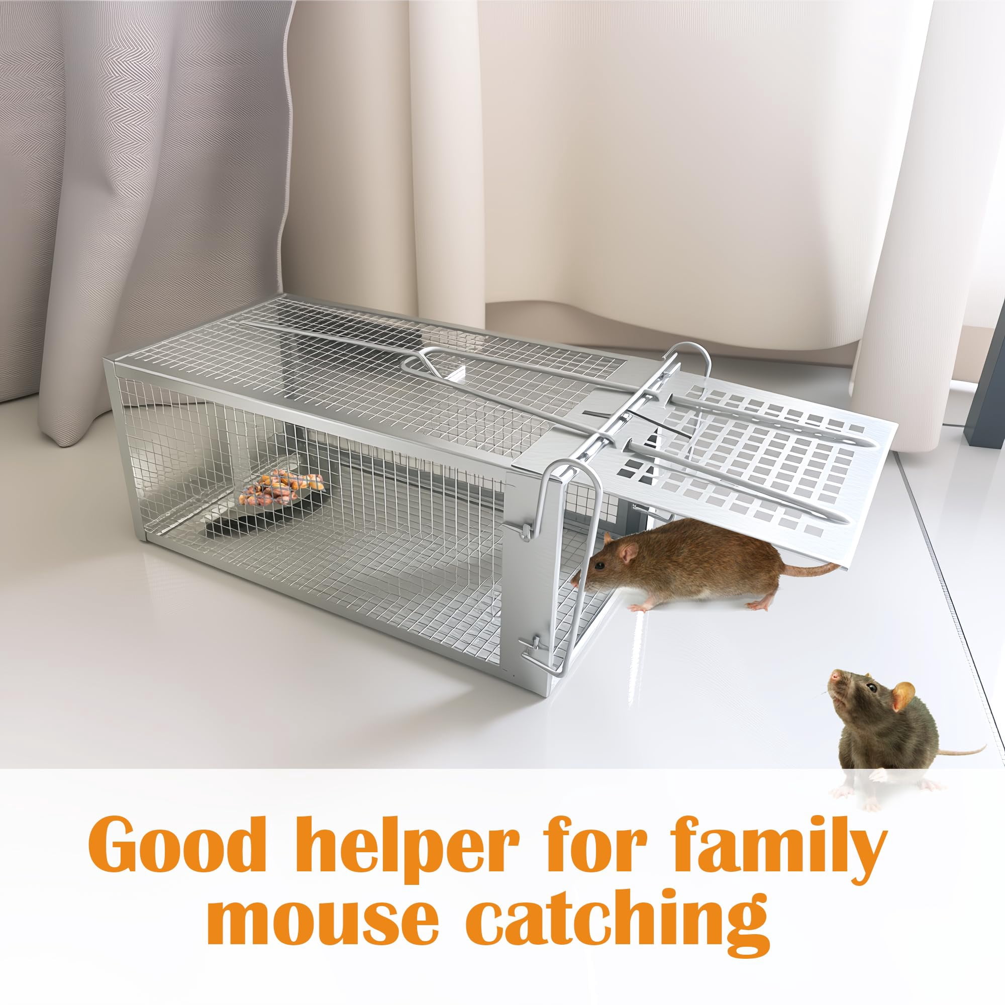 2-Pack Humane Live Catch Mouse Trap Cage, Galvanized Steel Reusable Rodent Trap with Auto Lock Door